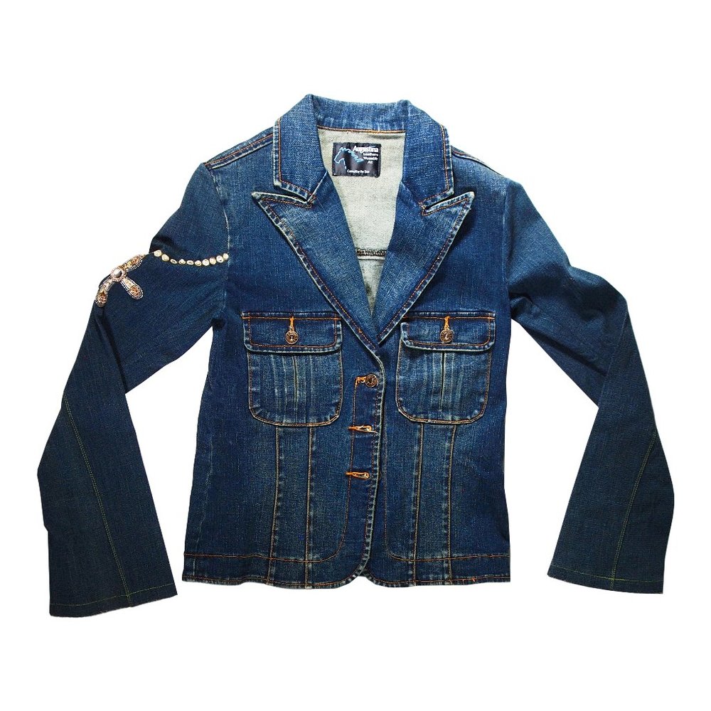 Augustina Leathers Wearable Art, Denim Jacket, Ladies Size Med. Rhinestones